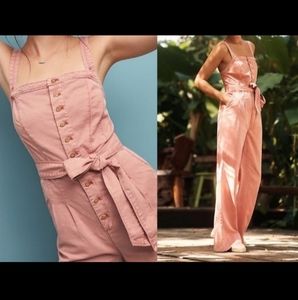 PILCRO & the Letterpress Anthropology Pink Rose denim Jumpsuit